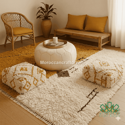 Living room with wooden bench, ottomans, and a coffee table on a patterned rug.