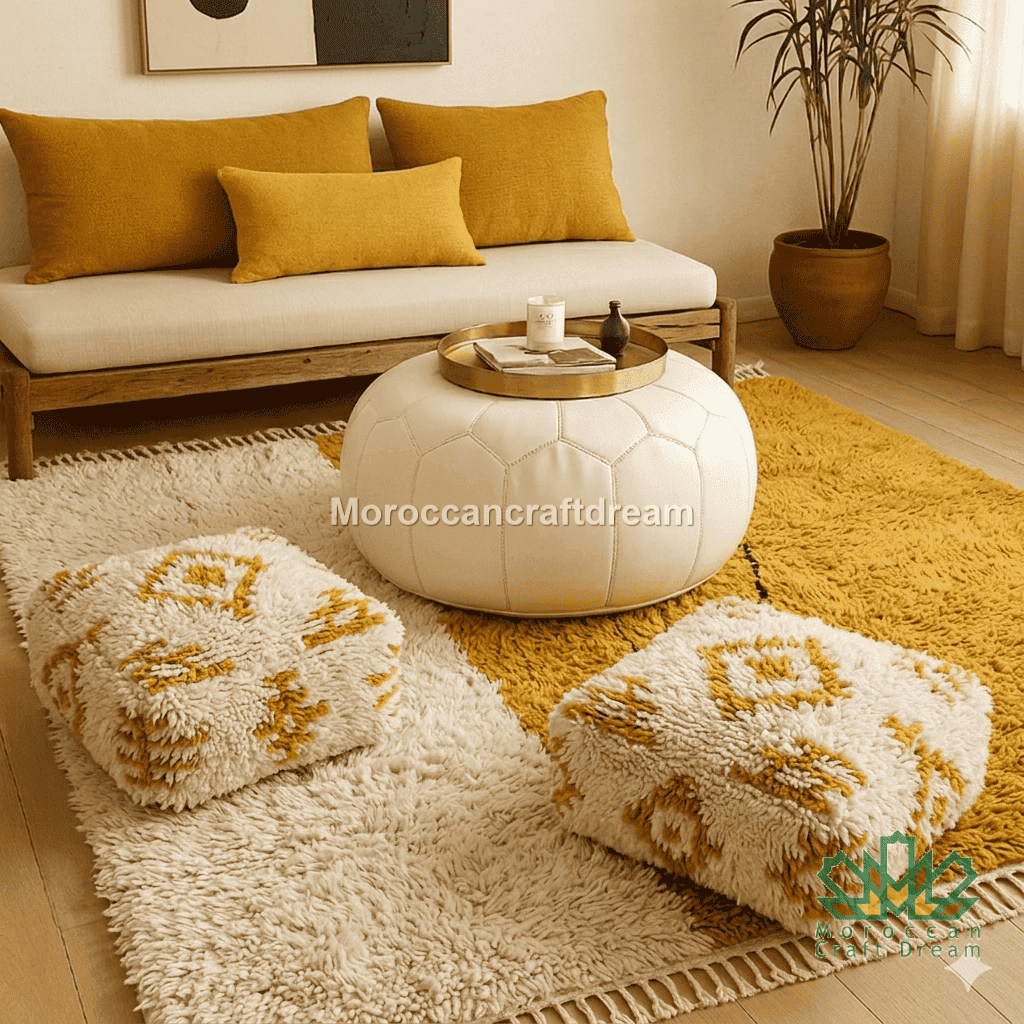Living room with wooden sofa, ottomans, and a round coffee table on a yellow rug.