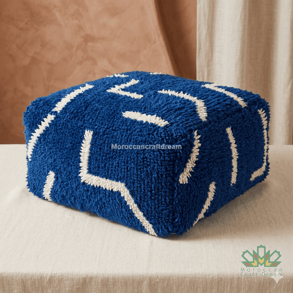 Blue cushion with white patterns on a white background
