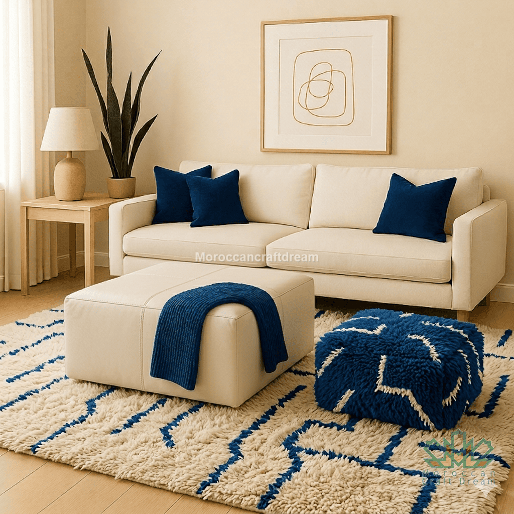 Modern living room with a beige sofa, blue cushions, and a matching ottoman on a geometric rug.
