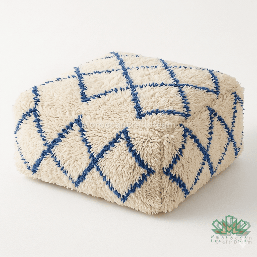 Beige ottoman with blue geometric pattern on a white background
