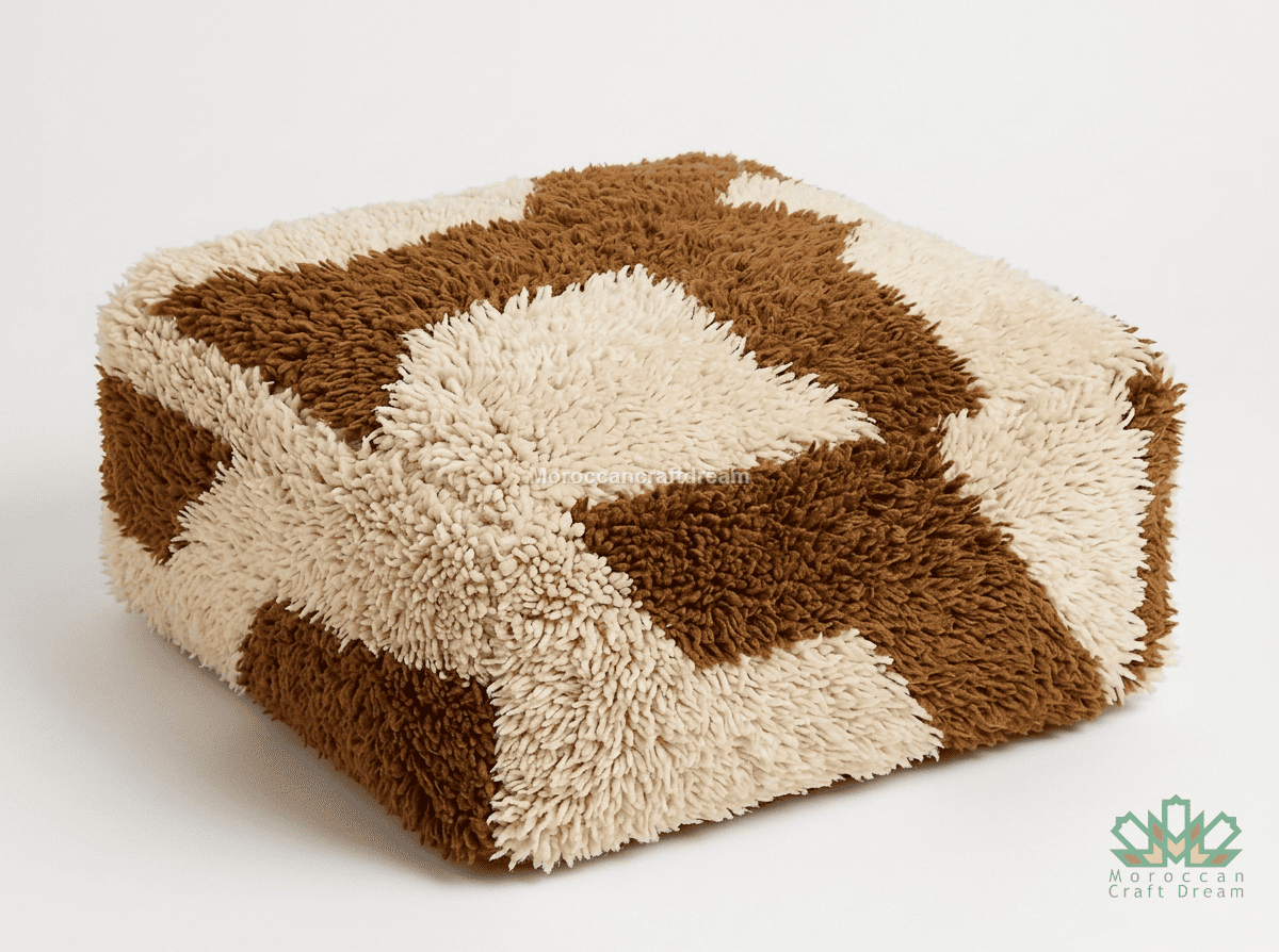 Rectangular ottoman with brown and beige geometric pattern on a white background