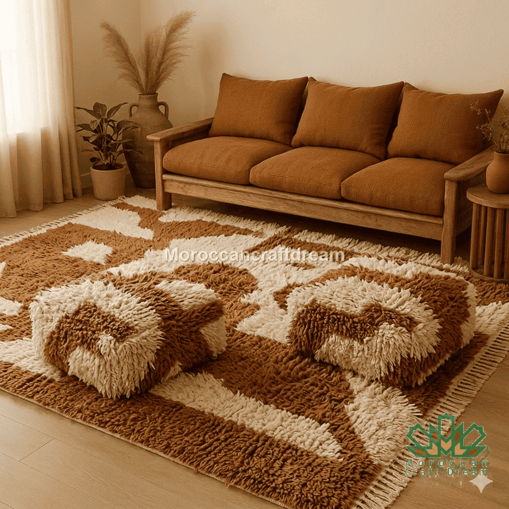 Cozy living room with brown sofa, ottomans, and patterned rug.