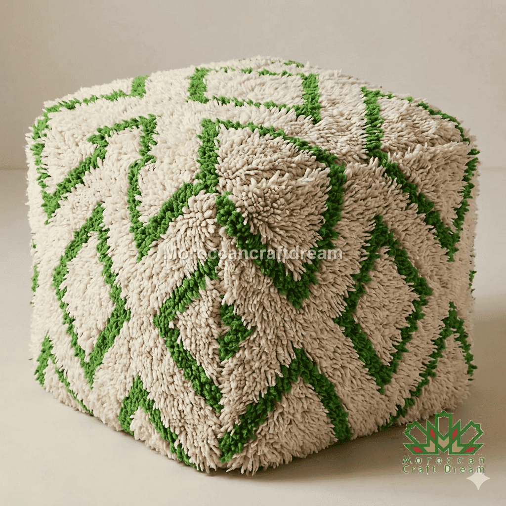 Cube-shaped ottoman with green and beige pattern on a white background