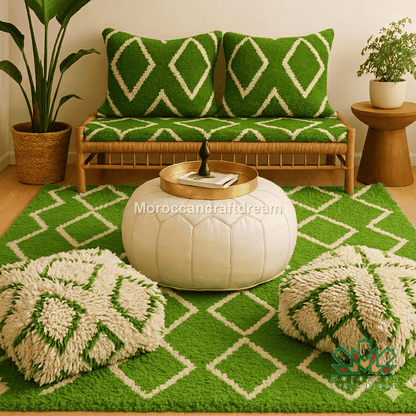 Green Berber Moroccan Kilim Pouf | Unique Handmade Ottoman