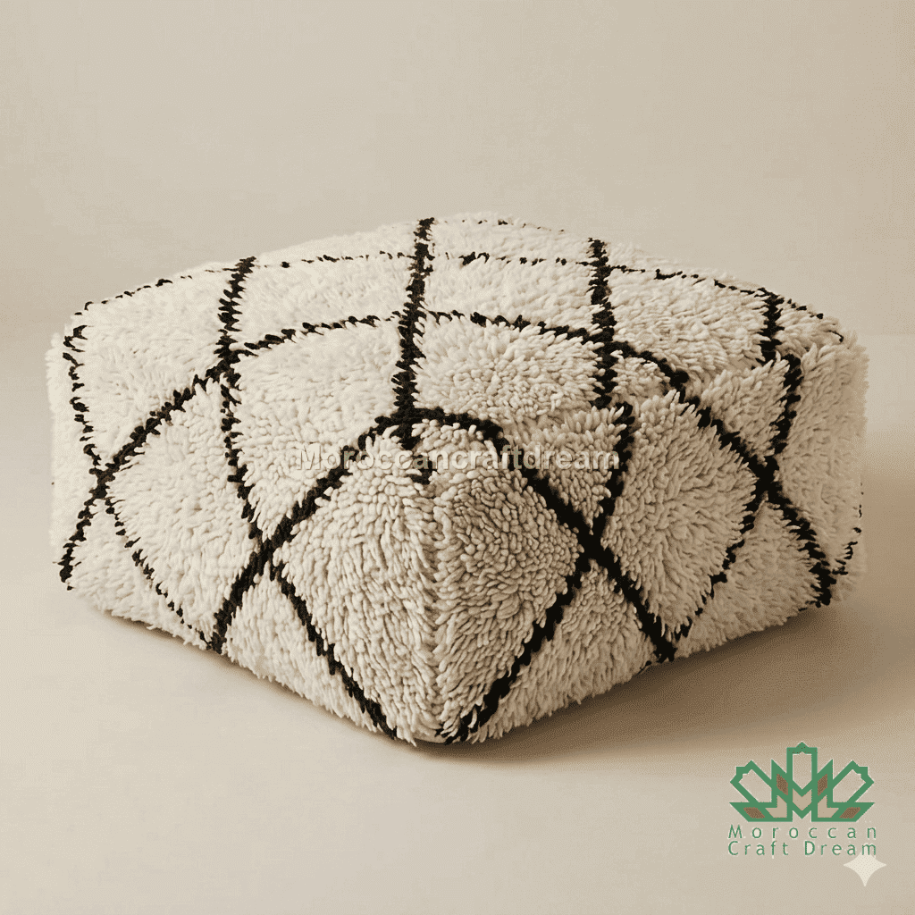 Triangular ottoman with black and white geometric pattern on a white background