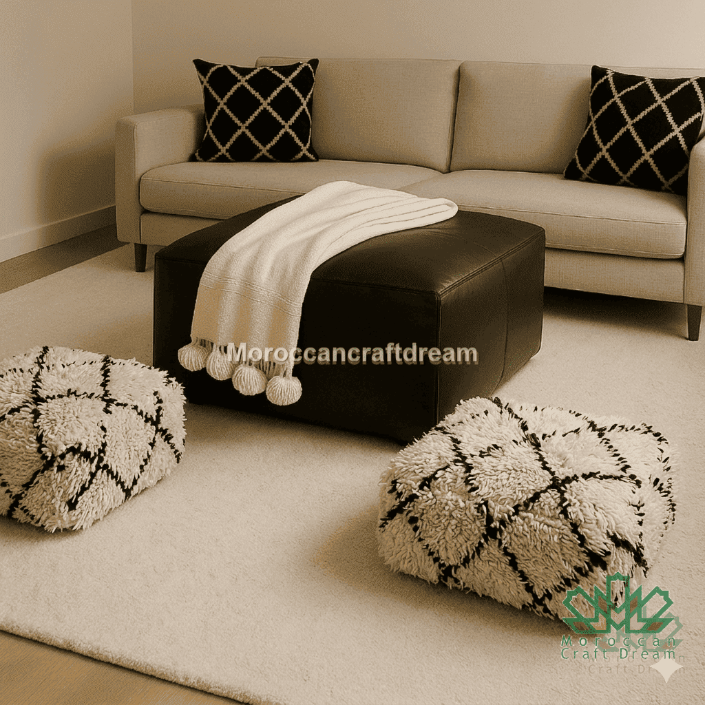 Living room with beige sofa, black ottoman, and patterned cushions.