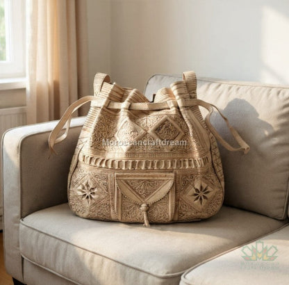 Embroidered beige handbag on a beige sofa with a neutral background