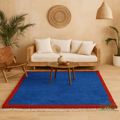 Living room with a blue and red rug, wicker furniture, and plants.