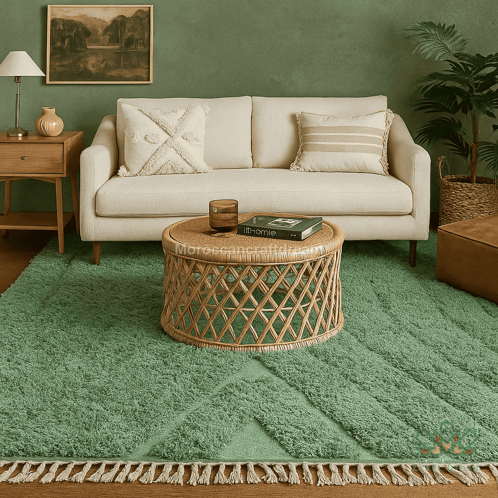 Living room with beige sofa, wicker coffee table, and green rug.