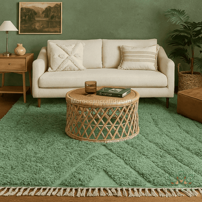 Living room with beige sofa, wicker coffee table, and green rug.