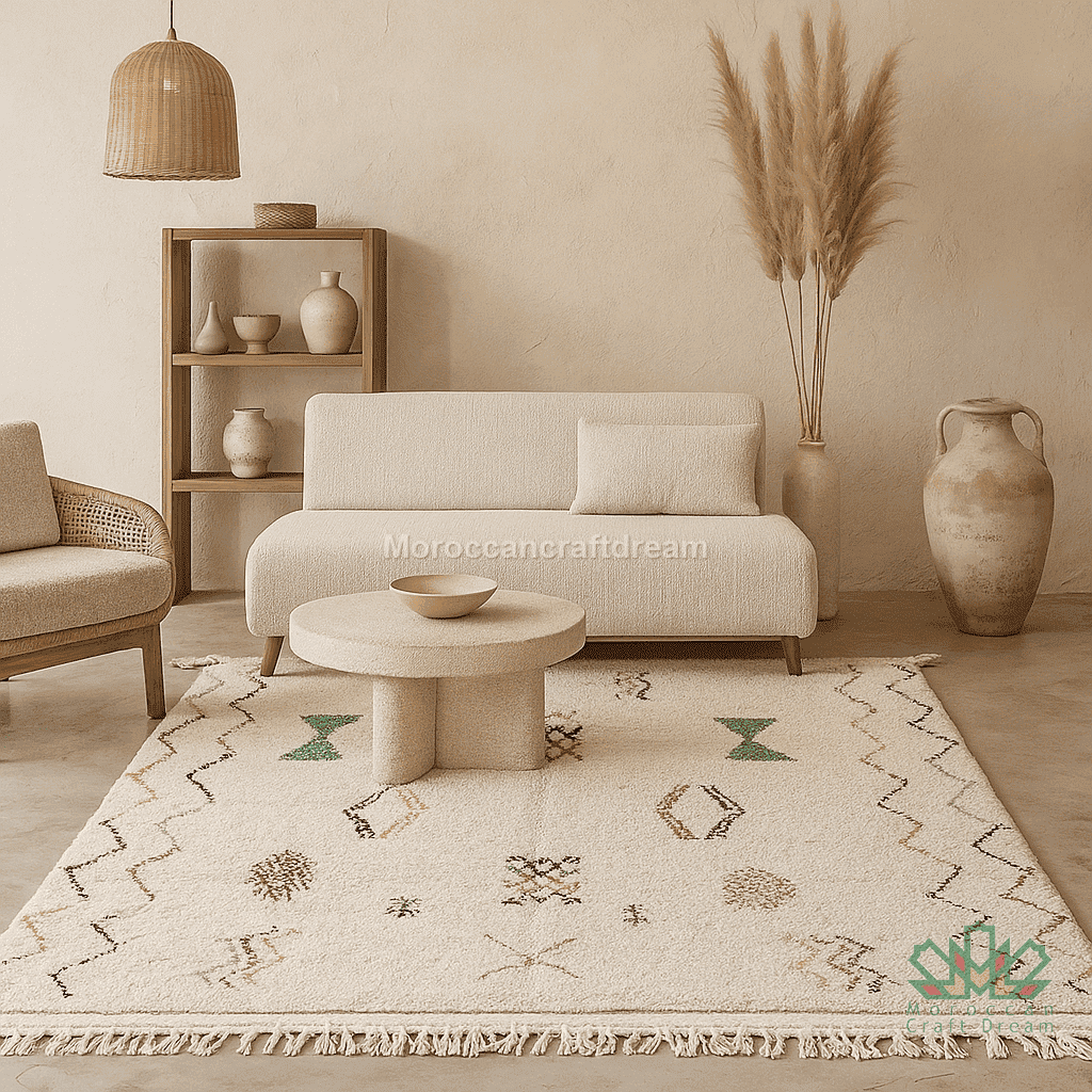 Beige living room with a sofa, coffee table, and decorative rug.
