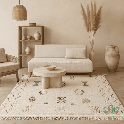 Beige living room with a sofa, coffee table, and decorative rug.