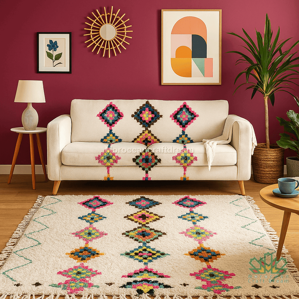 Living room with a white sofa and colorful patterned cushions, a rug with similar patterns, and decorative items on a red wall.