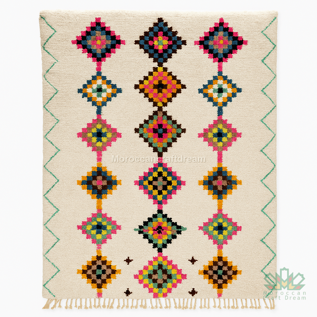 Decorative rug with colorful geometric pattern on a beige background