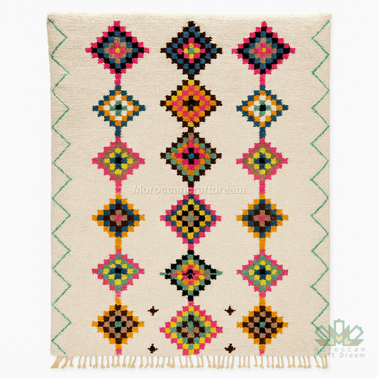 Decorative rug with colorful geometric pattern on a beige background
