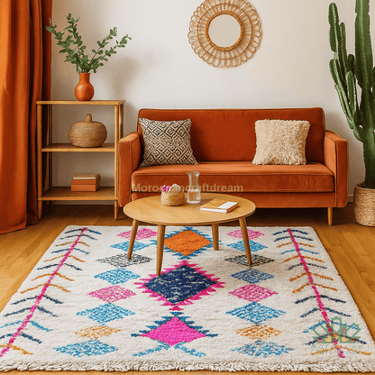 Living room with an orange sofa, colorful rug, and wooden coffee table.
