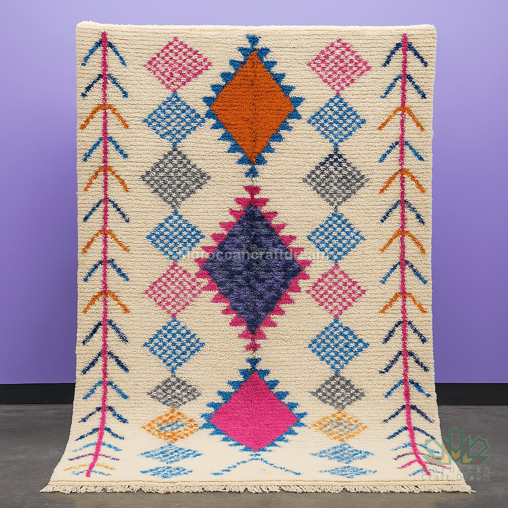 Colorful geometric patterned rug on a purple background