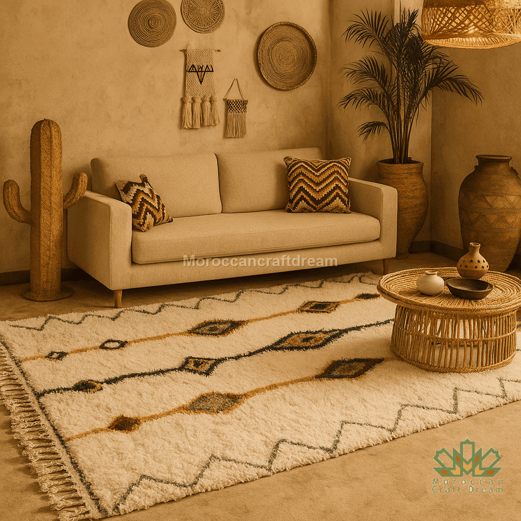 Living room with beige sofa, patterned rug, and decorative items in a warm-toned setting.