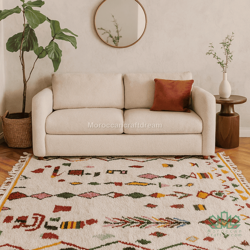 Beige sofa with a red pillow on a colorful rug in a living room setting.
