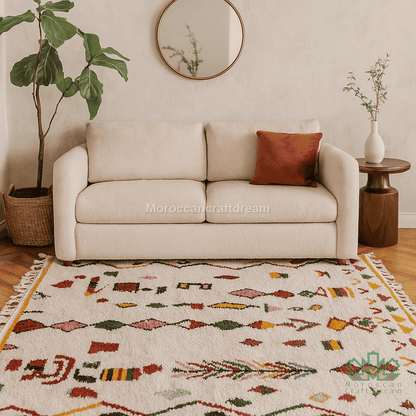 Beige sofa with a red pillow on a colorful rug in a living room setting.