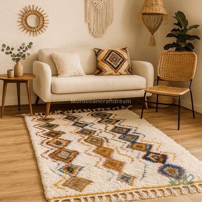 Living room with a patterned rug, beige sofa, and decorative items.