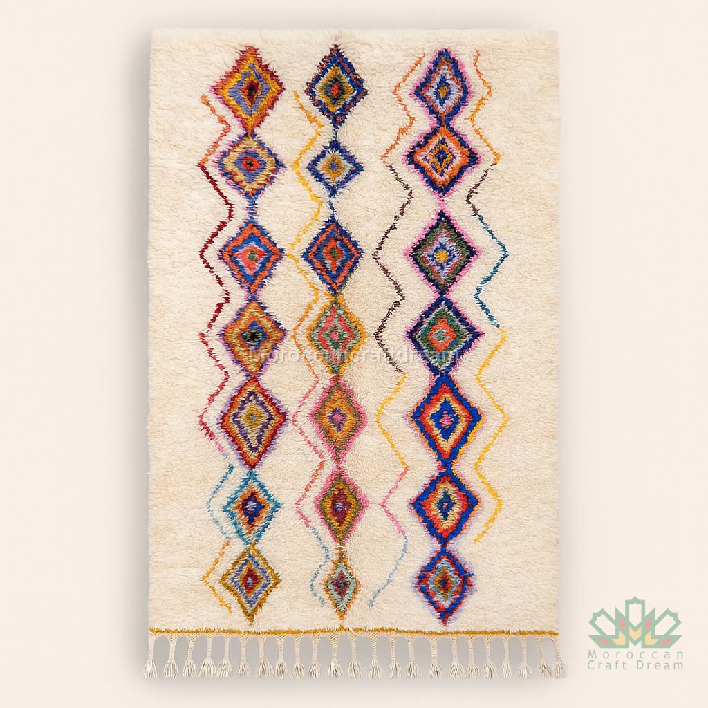 Decorative rug with colorful geometric pattern on a beige background
