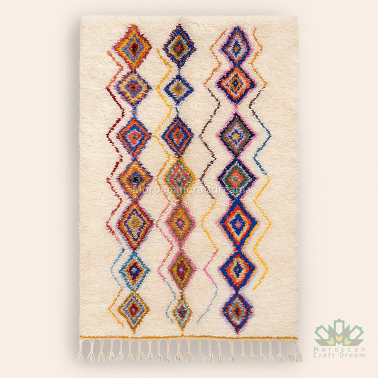 Decorative rug with colorful geometric pattern on a beige background