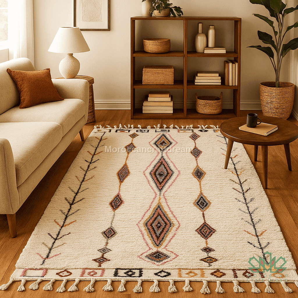 Decorative rug with geometric pattern in a living room setting