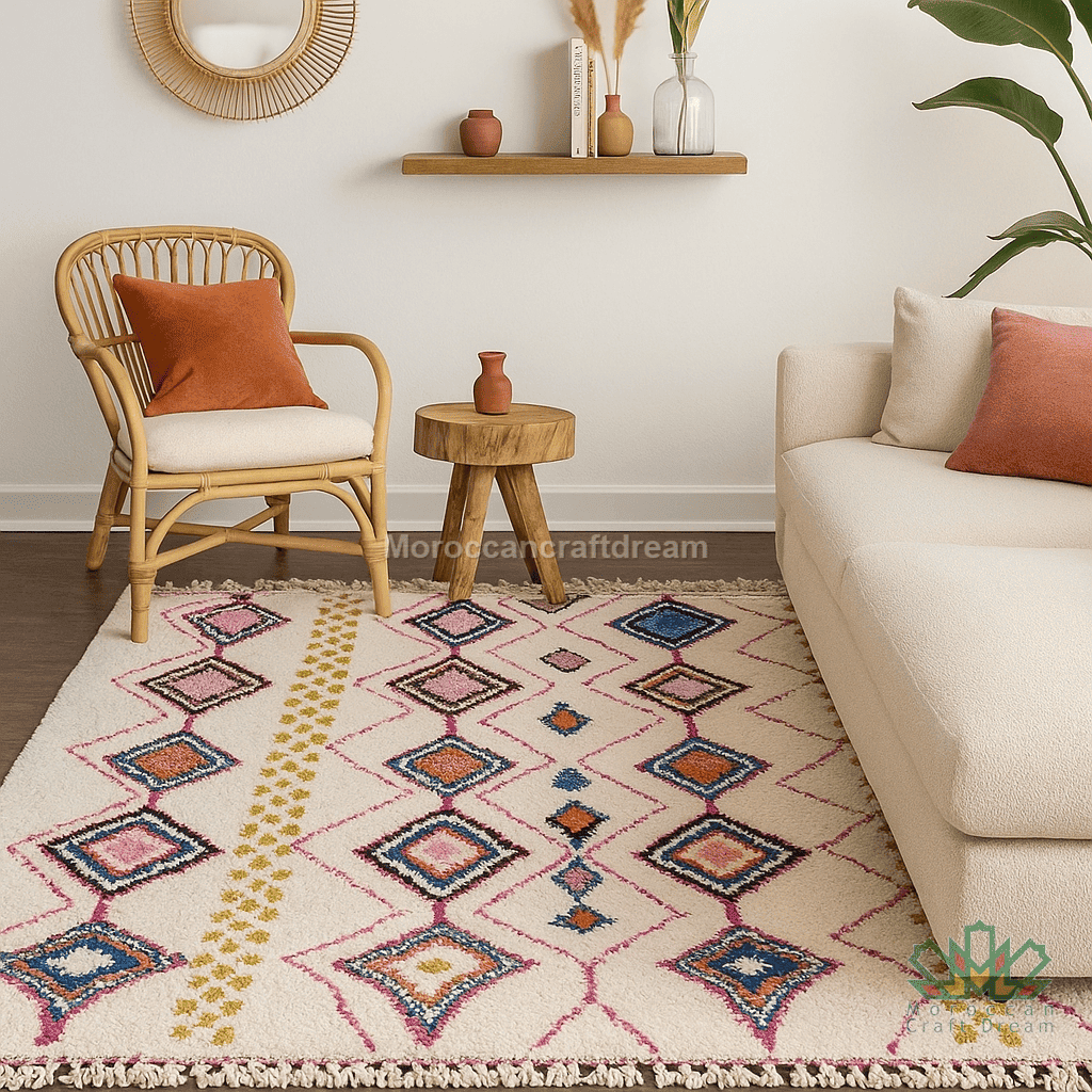 Living room with a patterned rug, beige sofa, and wooden chair.