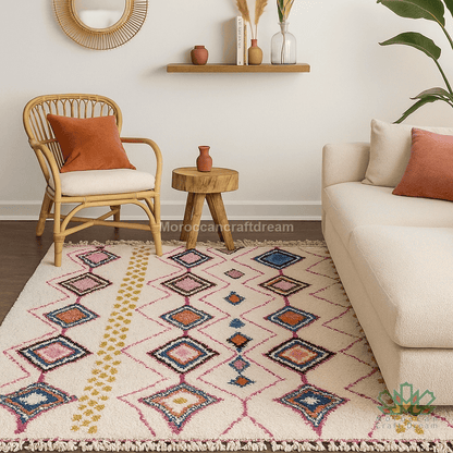 Living room with a patterned rug, beige sofa, and wooden chair.