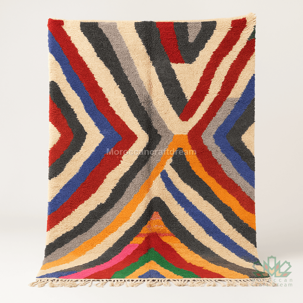 Multicolored geometric patterned rug on a white background