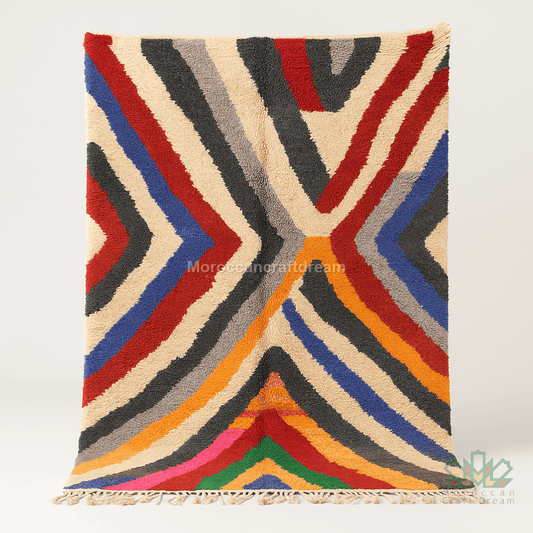 Multicolored geometric patterned rug on a white background