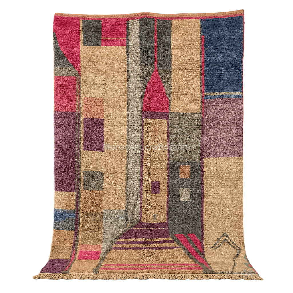 Multicolored geometric patterned rug on a gray background