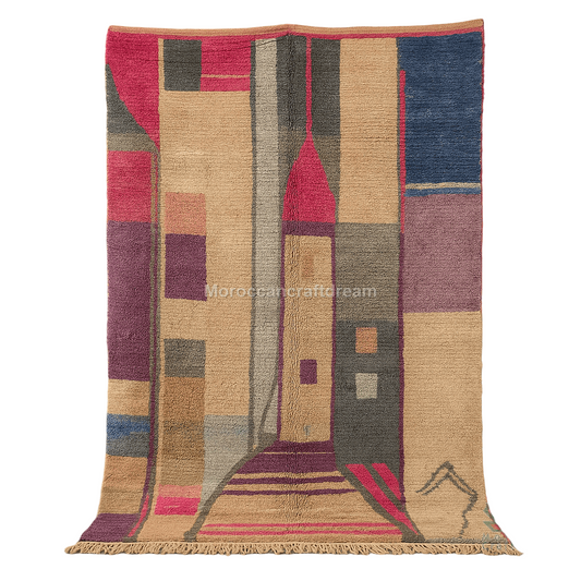 Multicolored geometric patterned rug on a gray background
