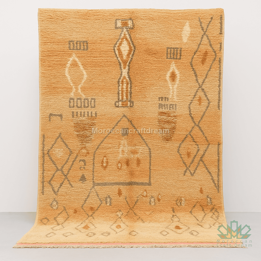 Decorative rug with geometric patterns on a plain background