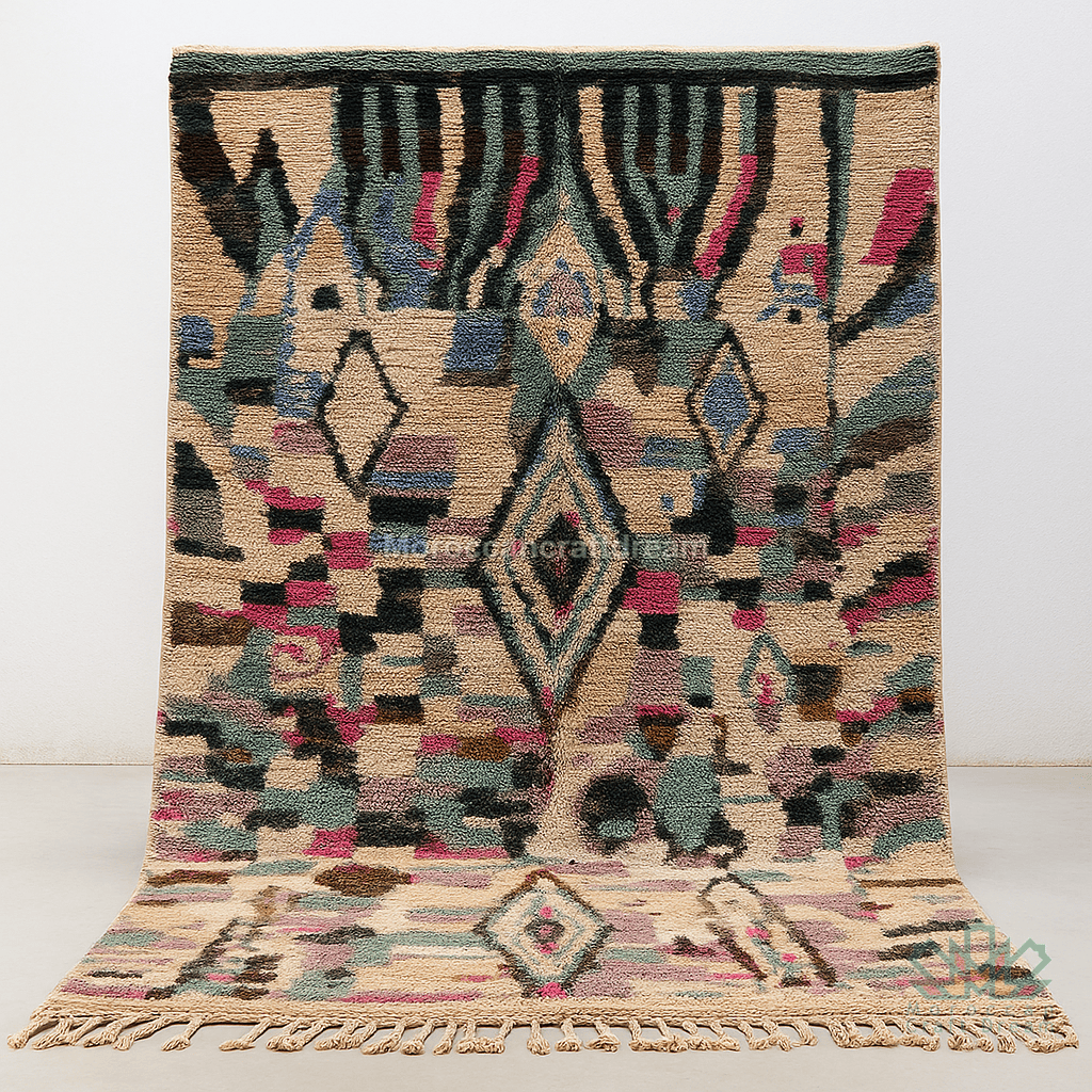 Multicolored patterned rug with geometric design on a white background