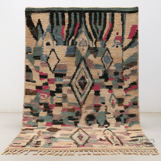 Multicolored patterned rug with geometric design on a white background