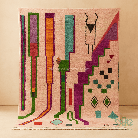 Colorful geometric patterned rug with abstract designs on a beige background
