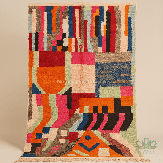 Colorful geometric-patterned rug with a brand logo in the corner