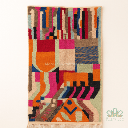 Colorful geometric-patterned rug with a brand logo in the corner