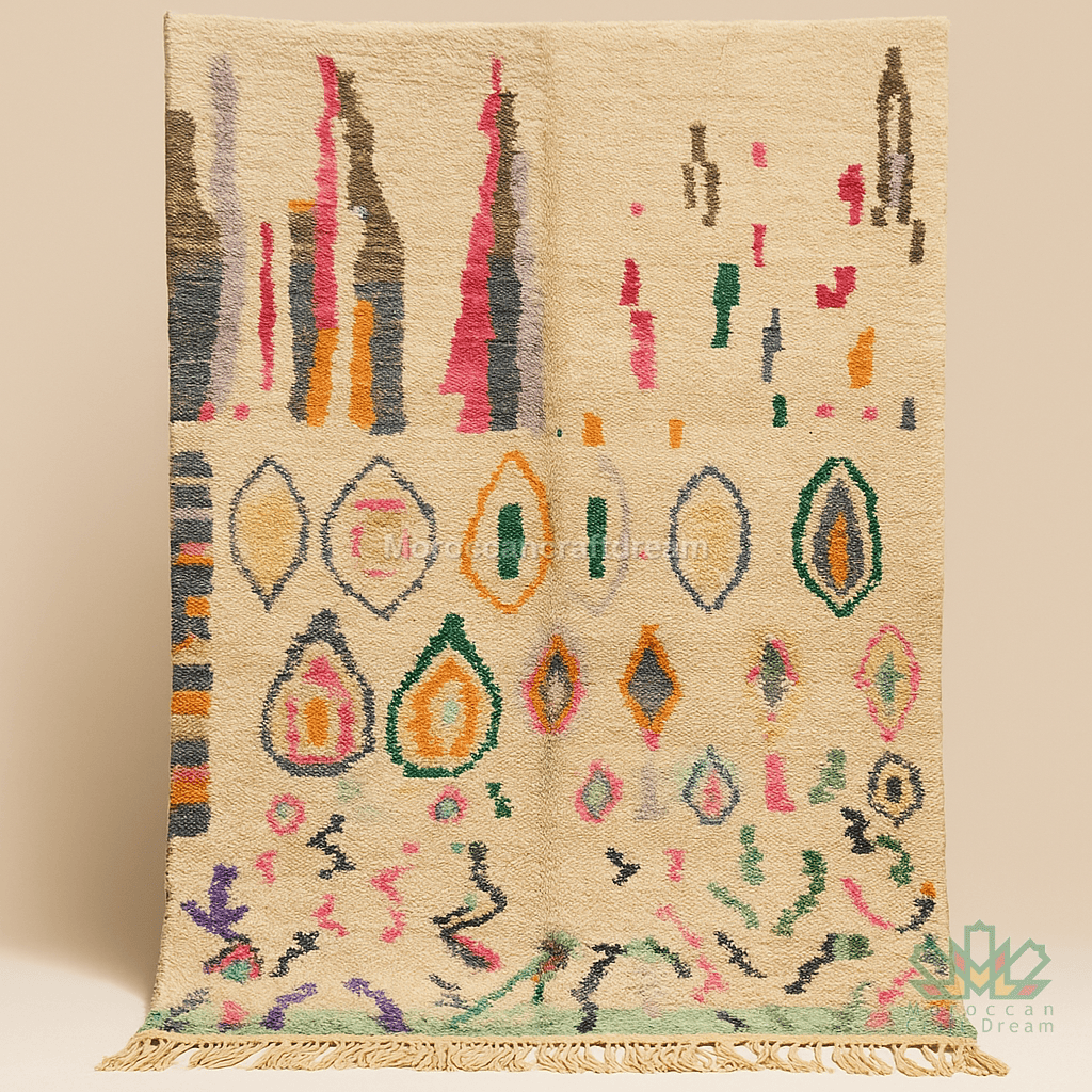 Decorative rug with geometric pattern on a beige background
