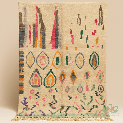 Decorative rug with geometric pattern on a beige background