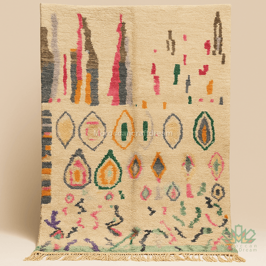 Decorative rug with geometric pattern on a beige background