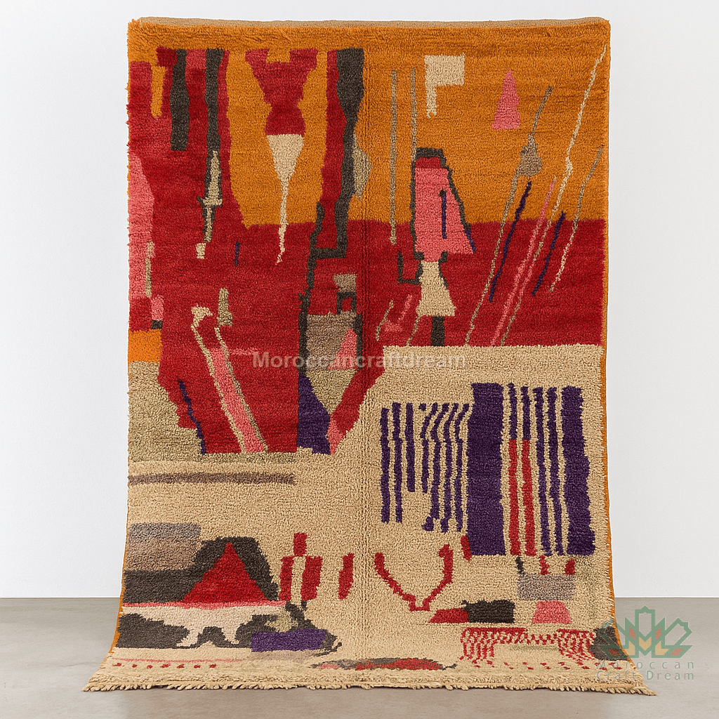 Abstract patterned rug with geometric shapes on a plain background