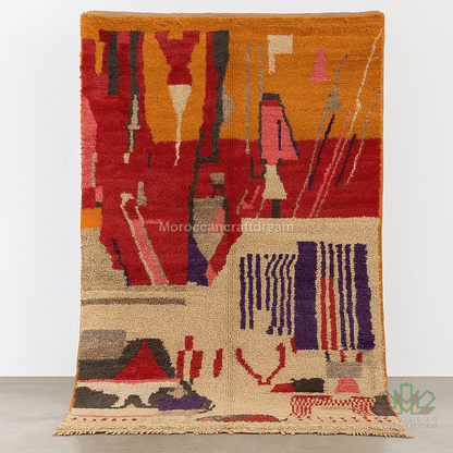 Abstract patterned rug with geometric shapes on a plain background