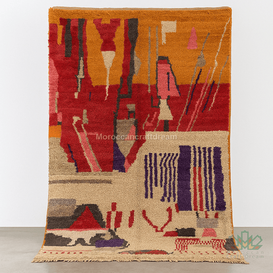 Abstract patterned rug with geometric shapes on a plain background