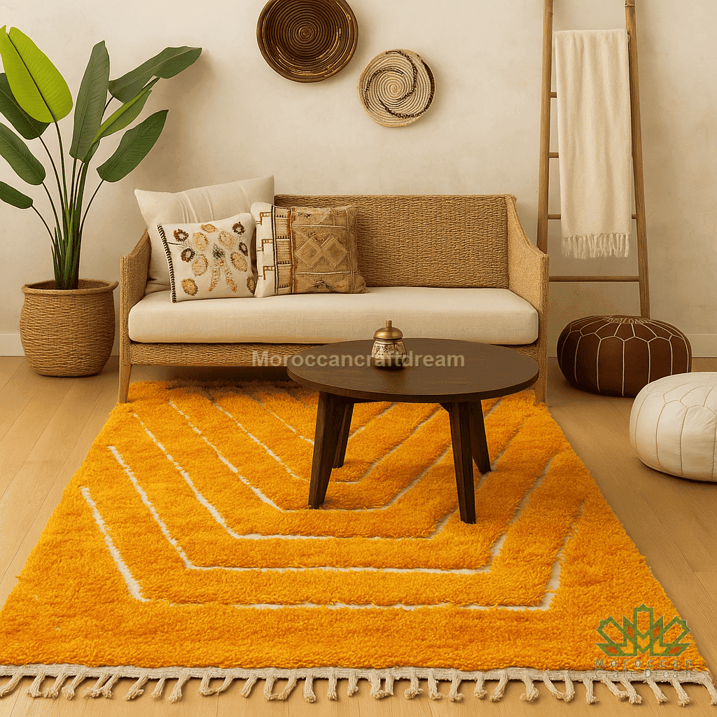 Living room with a yellow rug, wooden coffee table, and wicker sofa.