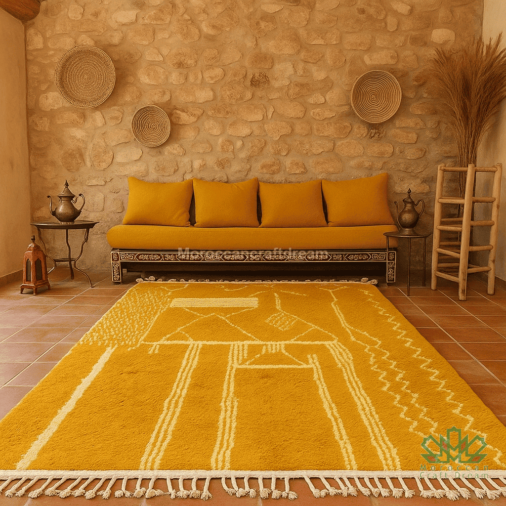Living room with a yellow rug, sofa, and decorative elements against a stone wall.