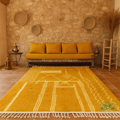 Living room with a yellow rug, sofa, and decorative elements against a stone wall.